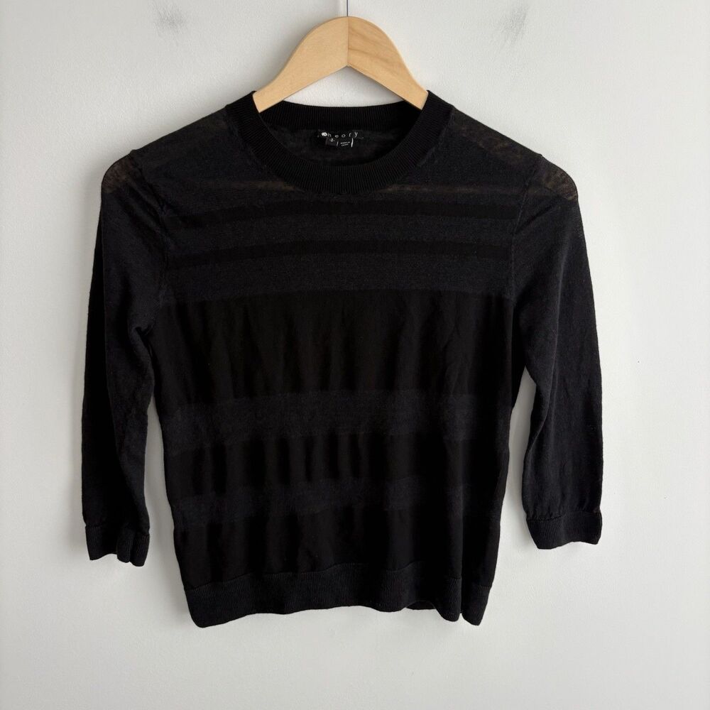 Theory Women’s Linen Sweater Small 3/4 Sleeve Black Gray Stripe Slim Fit Top